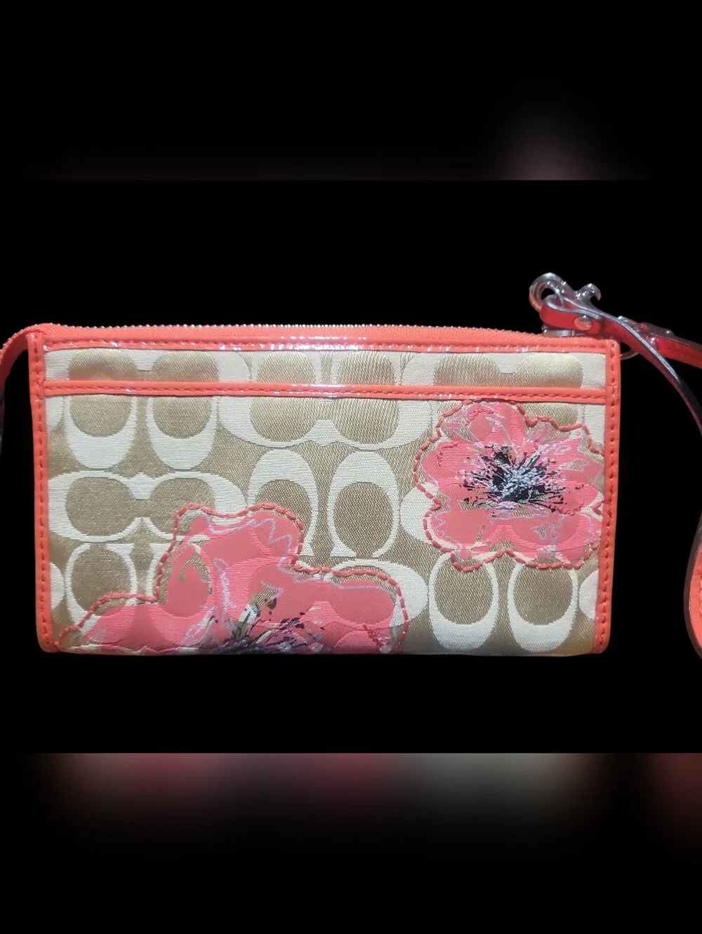Coach Poppy Flower Khaki Signature Sequin Coral Patent Leather Wallet 47070 - Picture 2 of 7